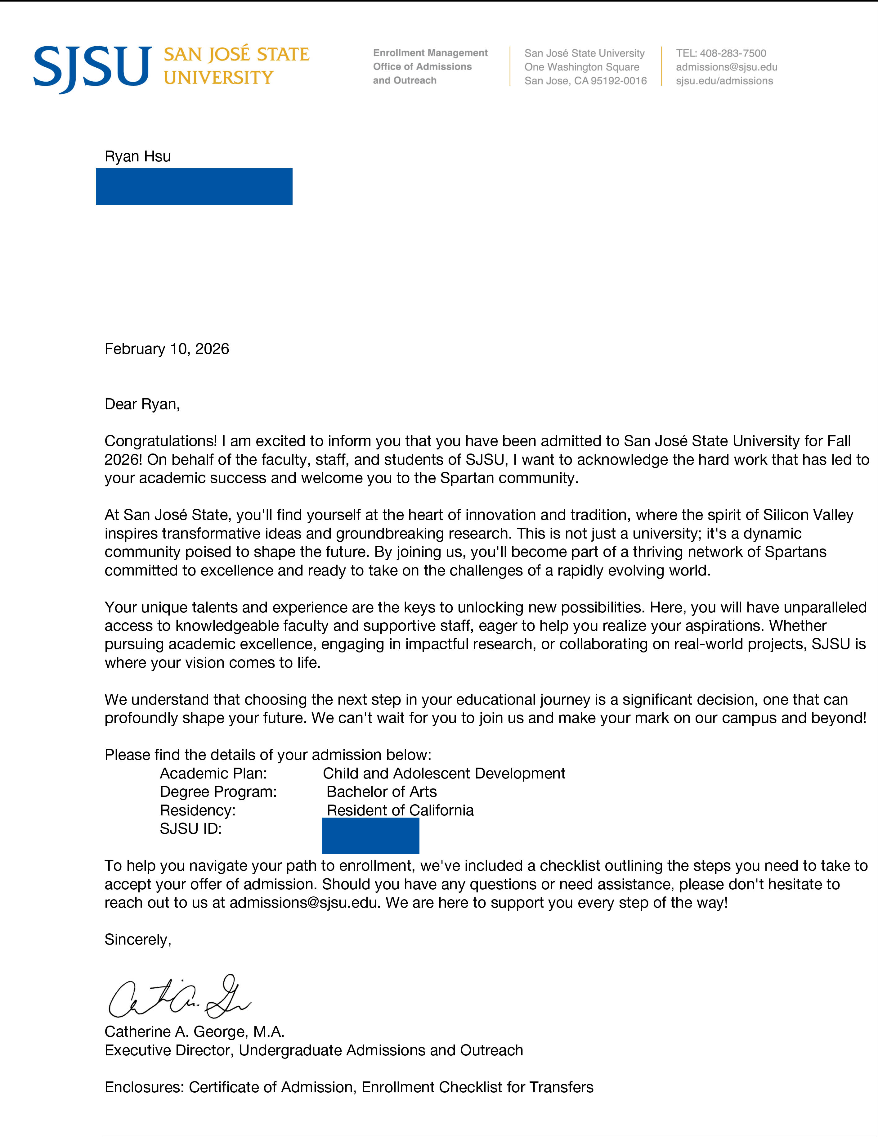 SJSU Admission Letter